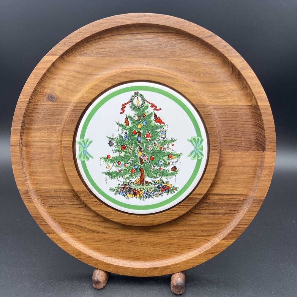 VTG Dolphin Christmas Tree Cheese Plate Board Teak Wood Tile ~12" Server Hot Dip